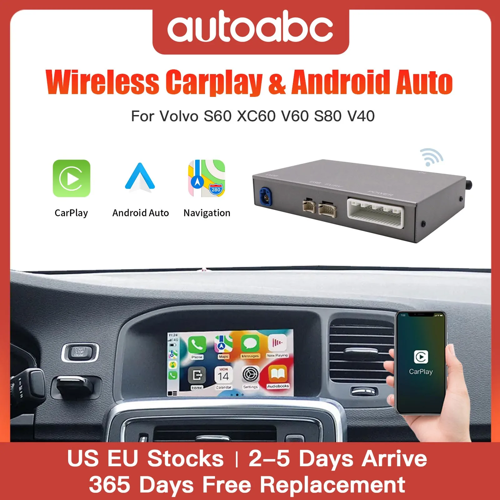 Wireless Carplay for Volvo, Android Auto, Airplay, Mirror Link, Car Accessories, Models XC60, S60, V40, V60,Interface Decoder Box