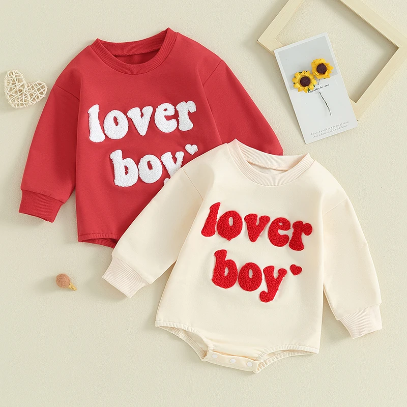 

2023-10-25 Lioraitiin 0-18M Infant Baby Boy Valentine’s Day Outfit Romper Sweatshirt Letter Long Sleeve Bodysuit Pullover Tops