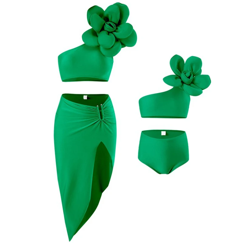 New Fashion Summer Costume Da Bagno Family Matching Outfits Costumi Da Bagno Big Flowers 3Pcs Bikini Family Look Mom Girls Woman Swimwear Set