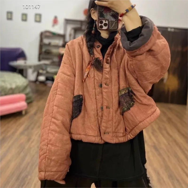 Johnature 2025 Woman Winter New Vintage Cotton Linen Batsleeves Retro Patches Parkas Long Sleeves Loose Single Breasted Parkas
