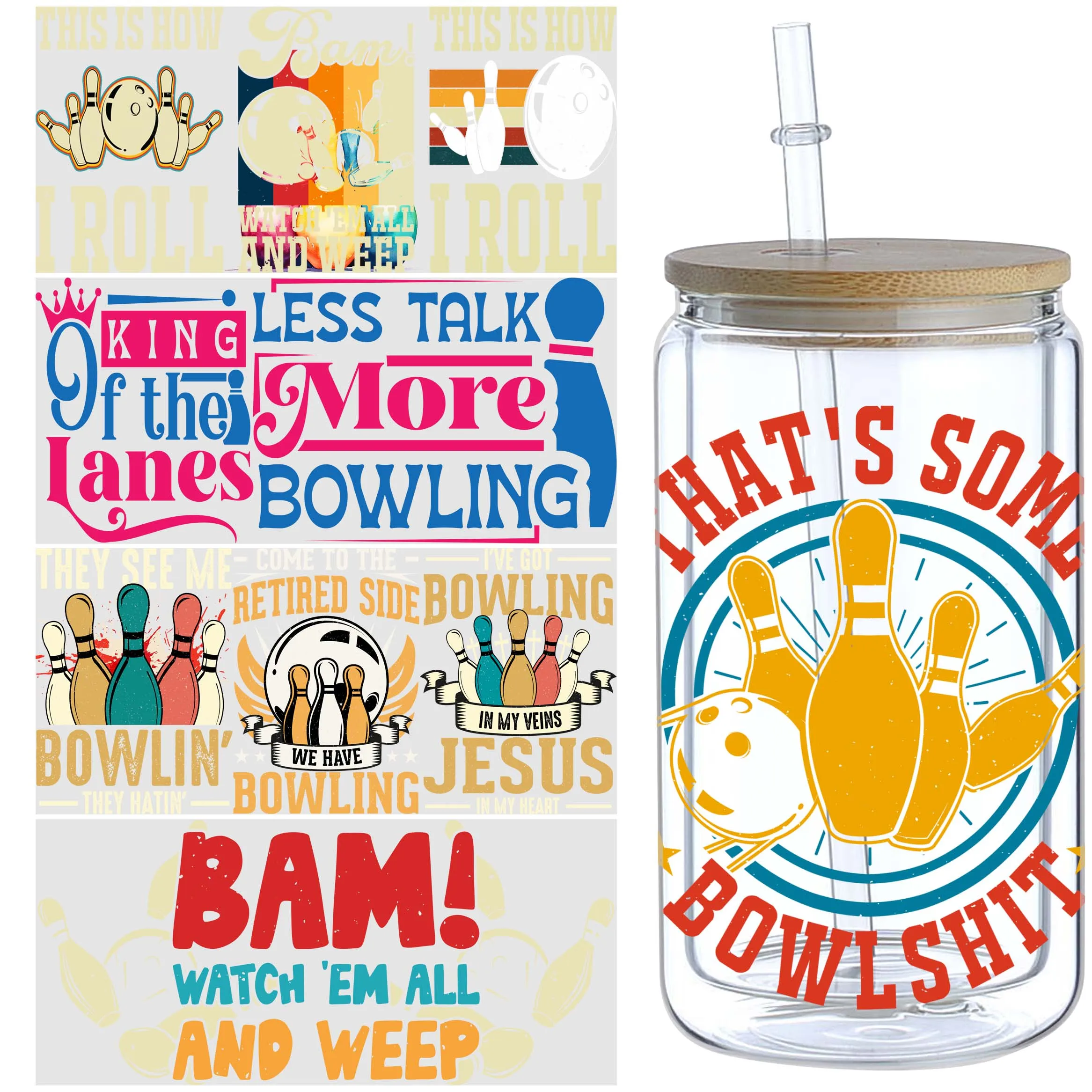 Bowling UV DTF Cup Stickers 5 Sheet for 16 oz Glass Mugs