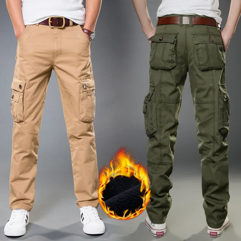 Winter Fleece Thermal Cotton Cargo Pants Men Multi-Pocket Work Wear ...