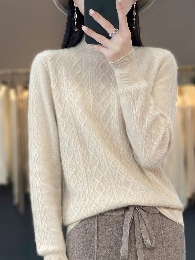 

Addonee Women Autumn Winter Sweater Thick Mock Neck Long Sleeve Pullover 100% Merino Wool Twist Flower Cashmere Knitwear New Top