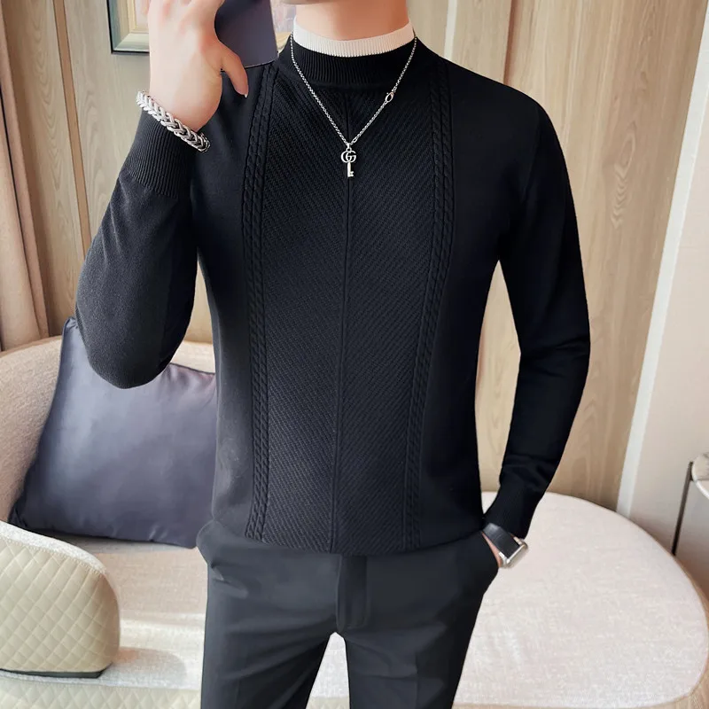 

Fashion Patchwork Color Collar Long Sleeve Sweaters For Men Clothing All Match Slim Fit Casual Turtleneck Knitwear Pullovers 4XL
