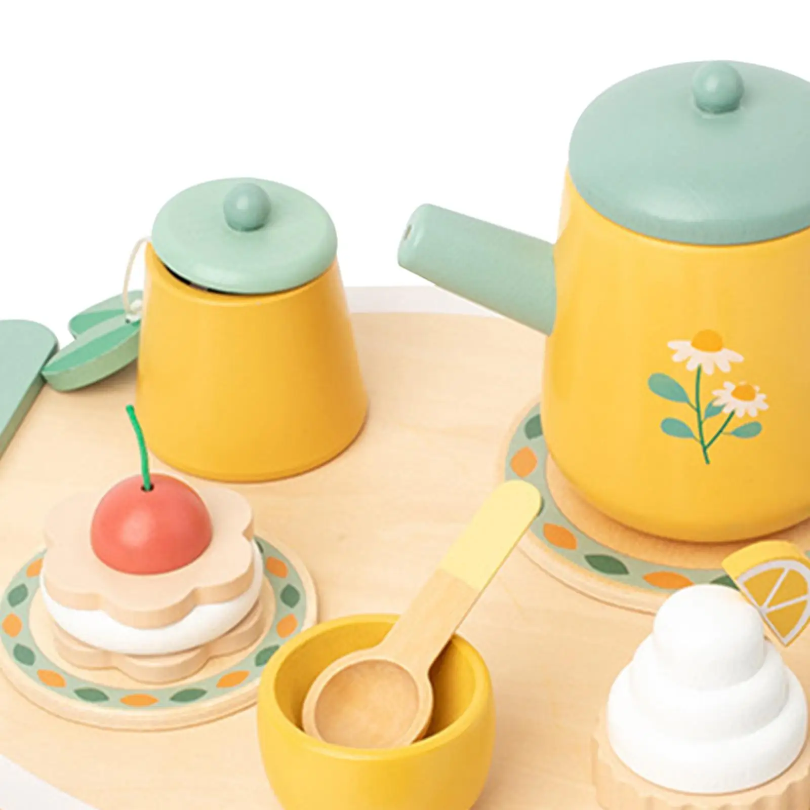 Wooden Tea Party Set Mini Teapot Plates Afternoon Tea Set Miniature Decor Cake Toys Miniature Tea Cups Set for Age 3 4 5 6