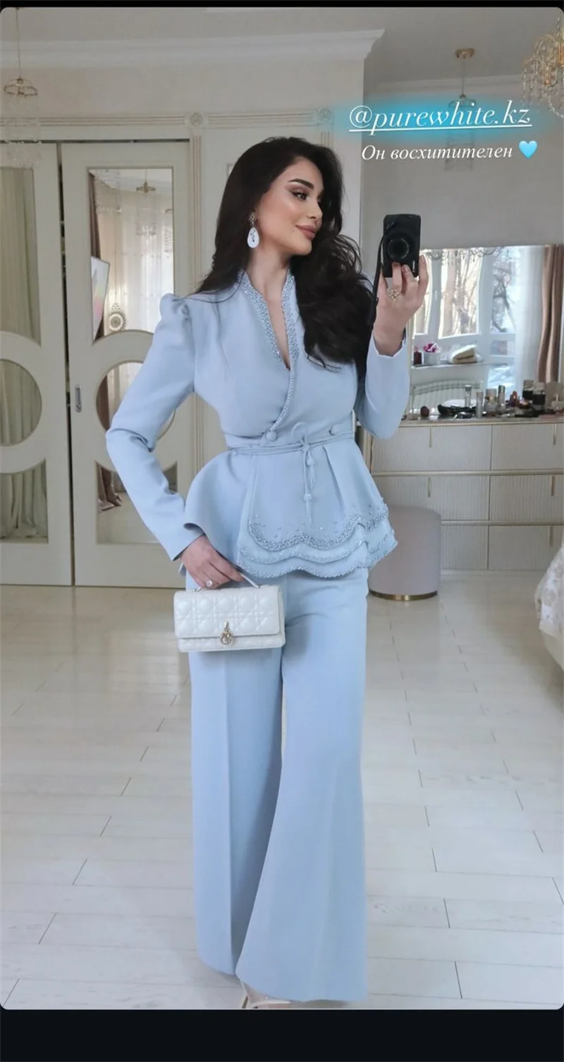 طقم بدلة نسائية قطن أزرق رسمي