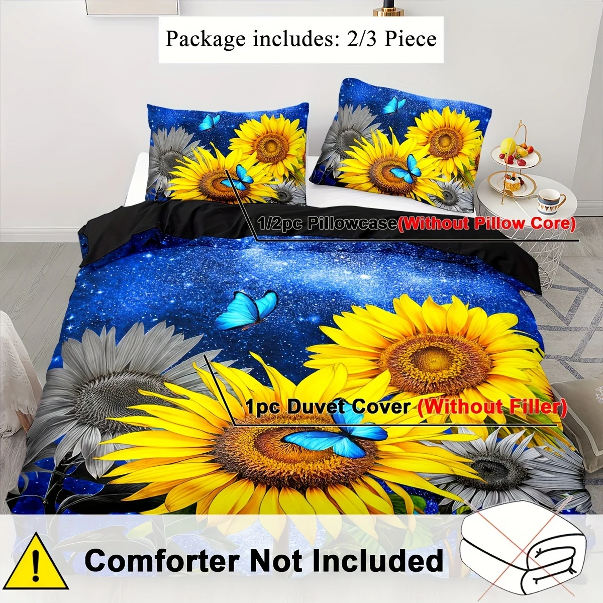 All-Season Breathable Polyester Sunflower and Butterfly Duvet Cover Set with Zipper Closure, Digital Print Floral Sky Pattern