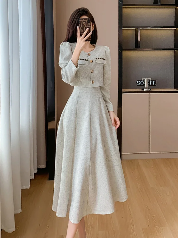 

New Autumn Fashion Small Fragrance Single Breasted Short Coat + High Waist Mid Length Skirt Ladies Suit Korean Two Piece Set