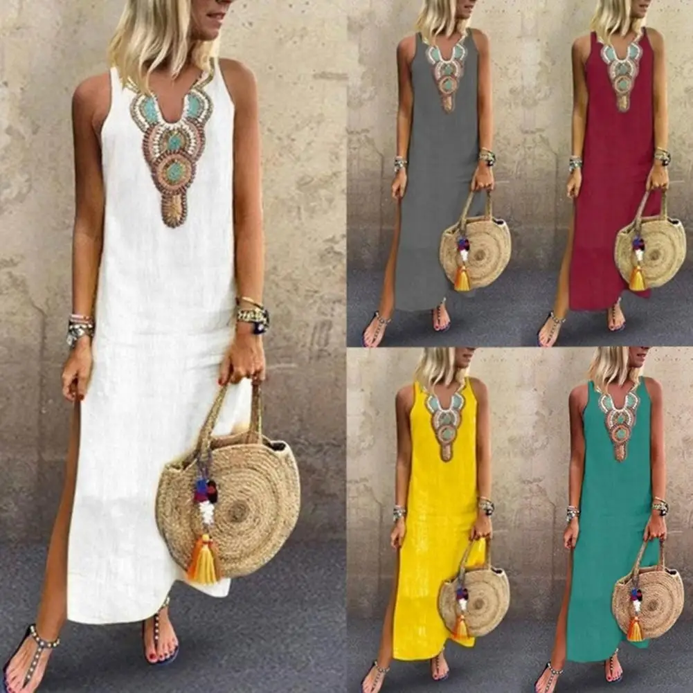 

Summer Women Paisley Print V-Neck Sleeveless Pullover Vest Dress Collar Side Split Maxi Long Dress Female Clothing