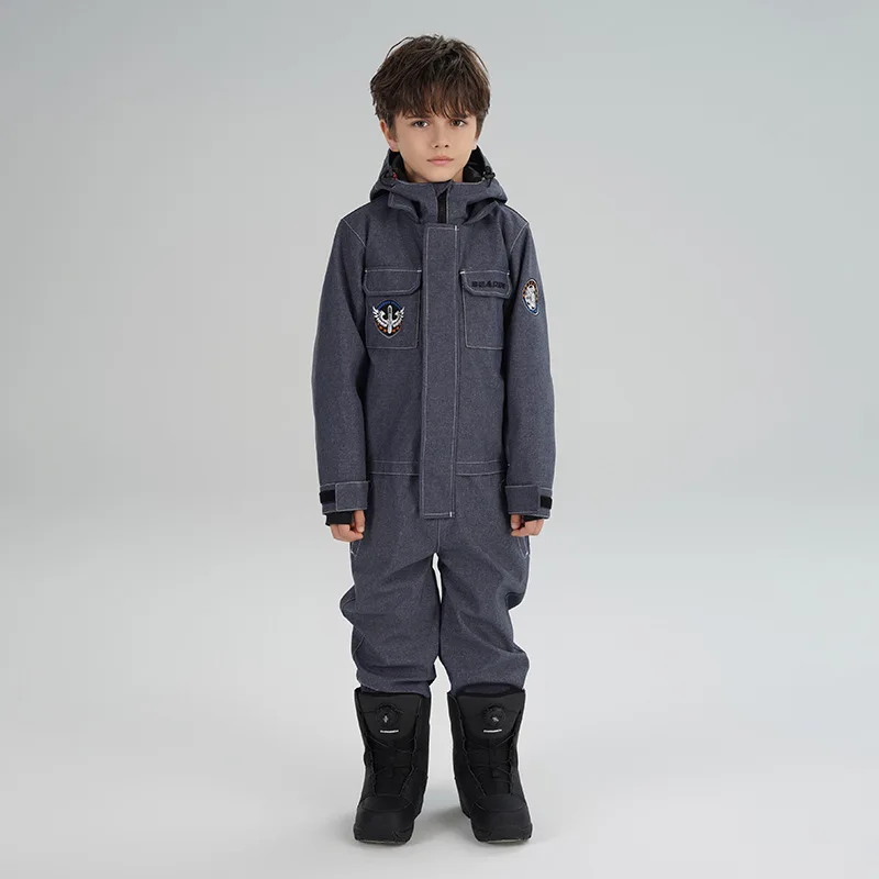 

2023 Winter Children One Piece Girl Ski Suit Waterproof Snowboard Hooded Children Jumpsuits Sport Windproof Denim Boy Overalls