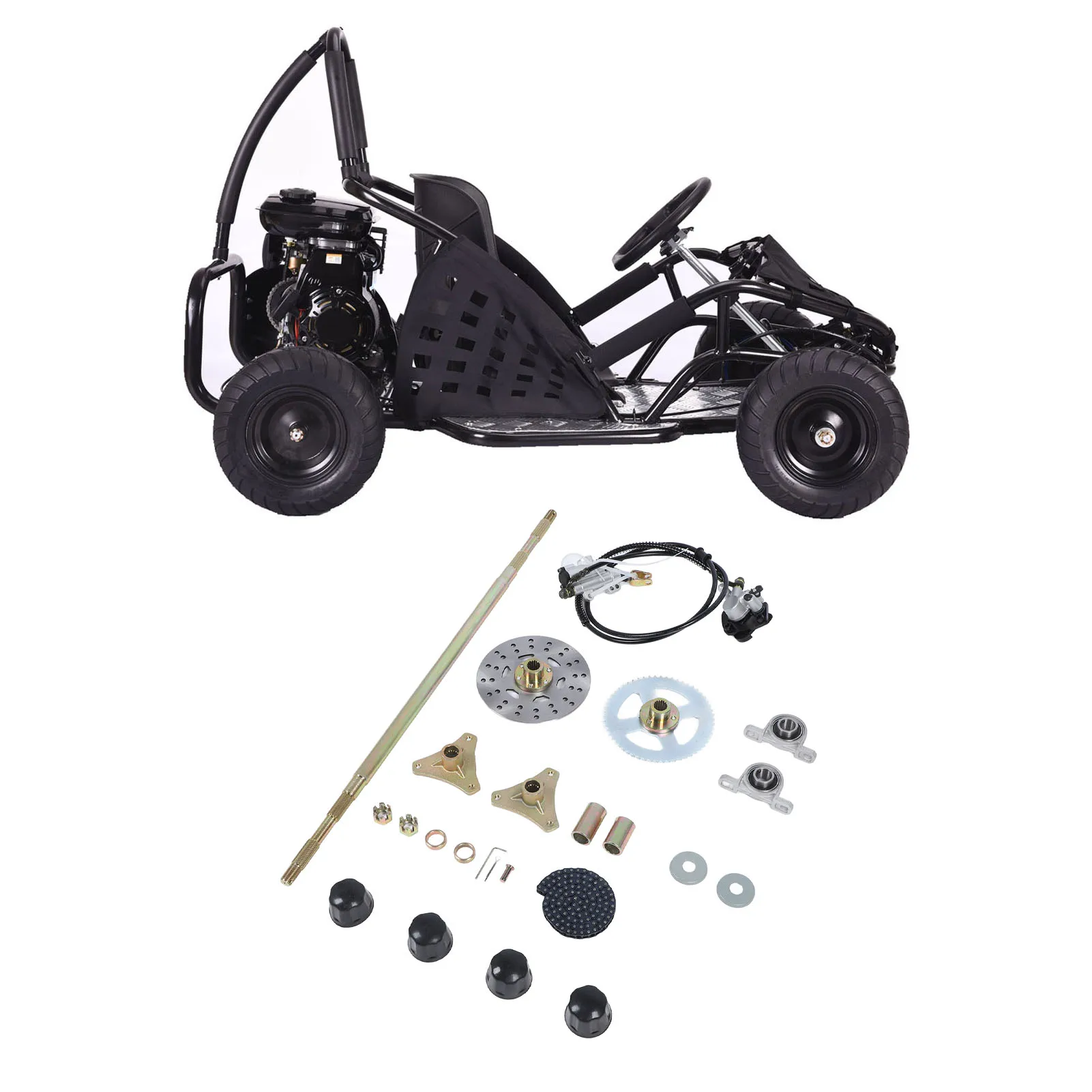 29in Go Kart Rear Live Axle Assembly Kit Axle Sprocket Chain Brake Disc Caliper Wheel Hubs Replacement for 50cc 70cc 90cc ATV
