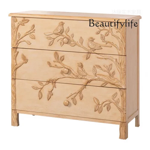 

American Country Retro Solid Wood Carving Chest of Drawers French Solid Wood Distressed Living Room Dining Room Display Cabinet