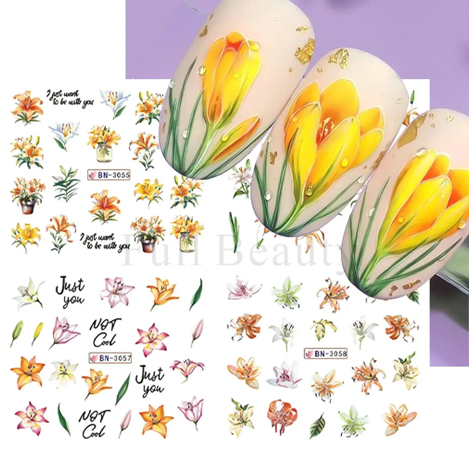 12pcs Lily Floral Water Transfer Decals Stickers Spring Watercolor Flower Green Leaf Nails Art Decoration Summer Manicure Slider