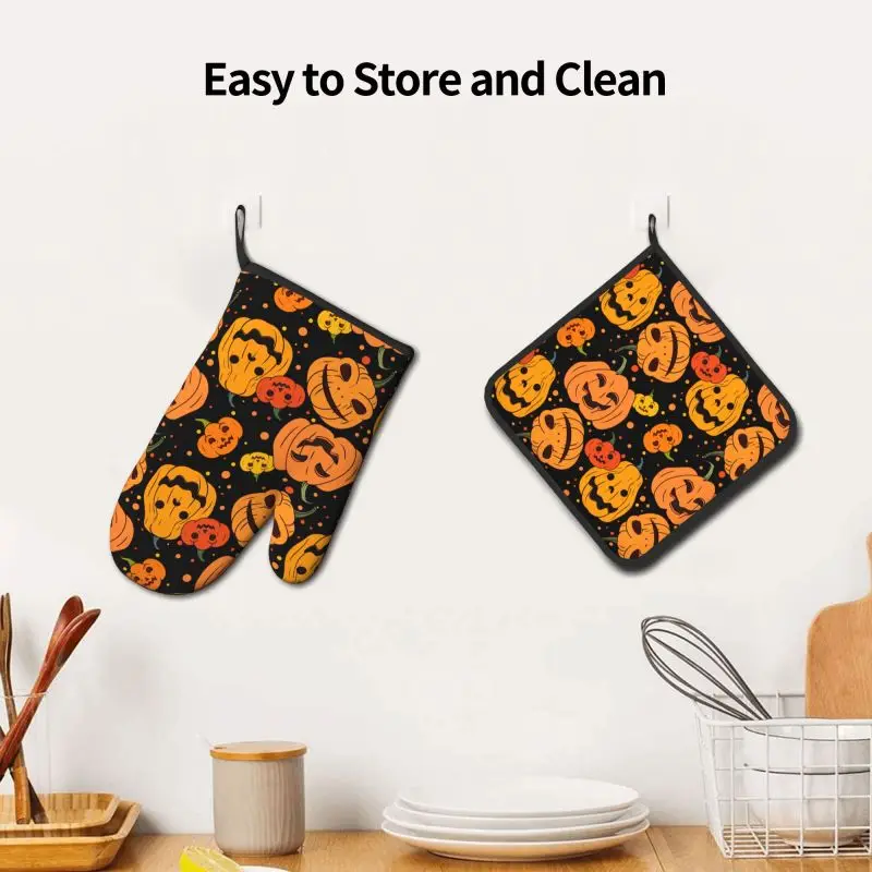 Halloween Pumpkin Oven Mitts and Pot Holders Sets Heat Resistant for Baking BBQ Cooking Holiday Decor