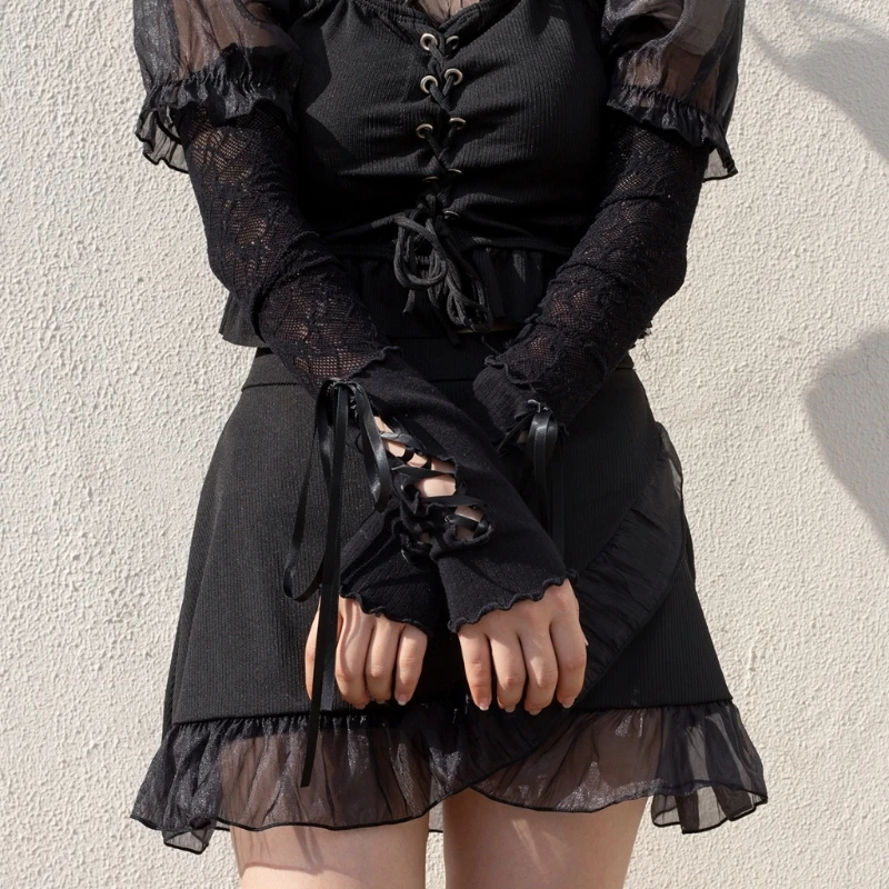 Women Banquet Detachable Lace Sleeves Spring Summer Lace up Arm Sleeves Y2K Girls Casual Sunproof Arm Cover Decoration Props