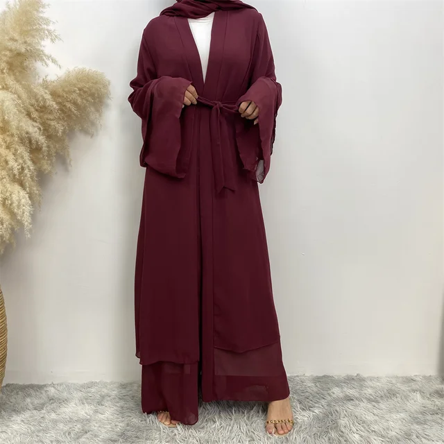 Mode mousseline de soie Abaya Kimono dubaï musulman Cardigan Abayas femmes Robe décontractée femme Islam vêtements avec ceinture