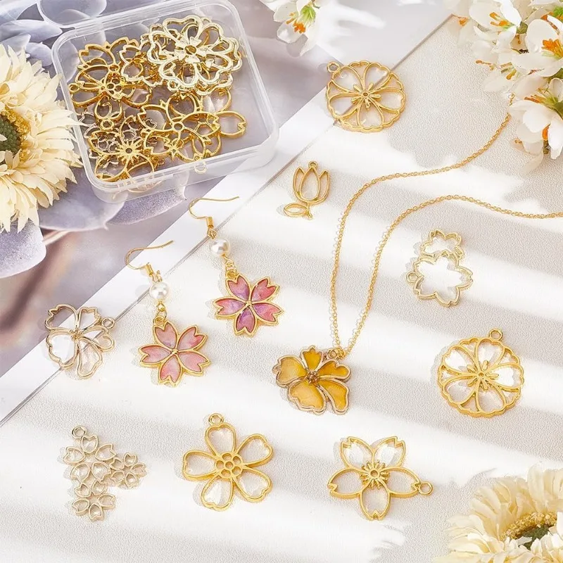 22pcs 11 Styles Flower Open Back Bezel Pendants Cherry Blossom