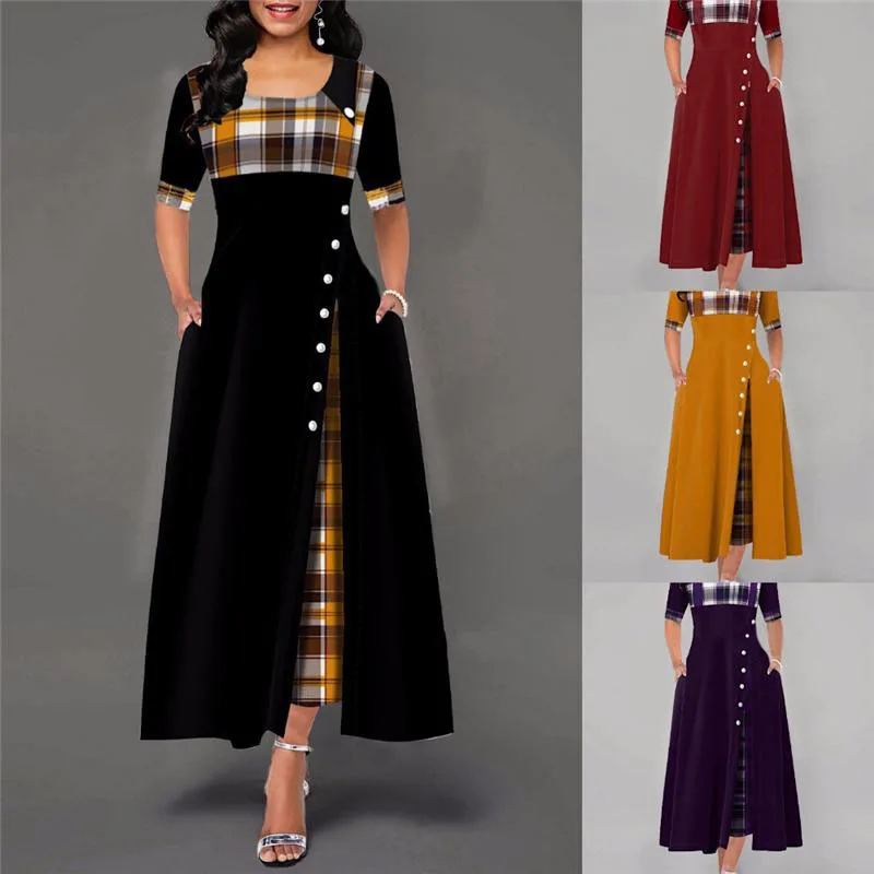 

Women's Fashion Half Sleeves Plaid Printed Button Dress Summer Street Style Short Sleeve Round Neck Large Swing Dress vestido