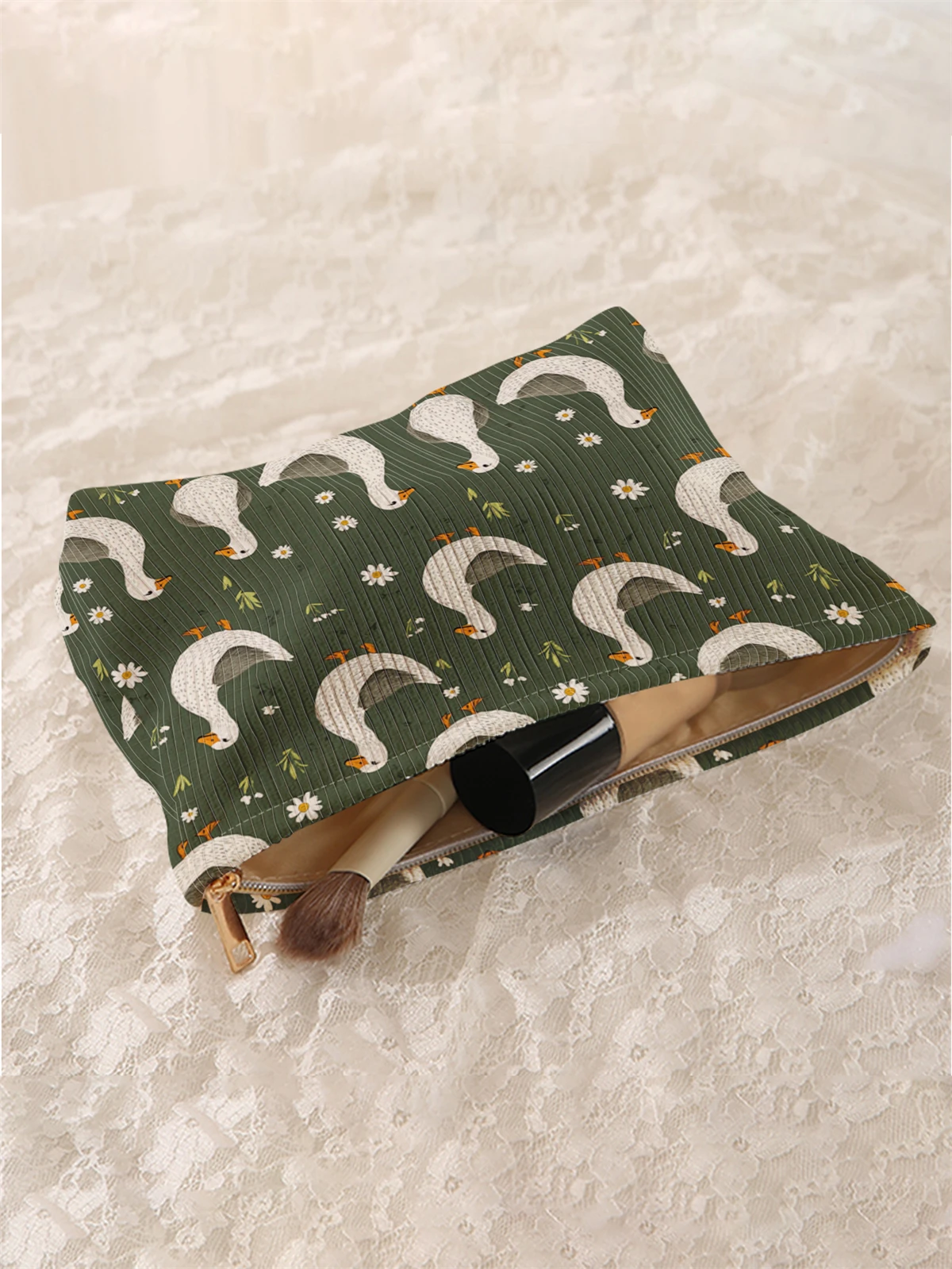 1pc duck pattern printed corduroy makeup bag, lightweight zipper makeup storage box, multifunctional bag with lining