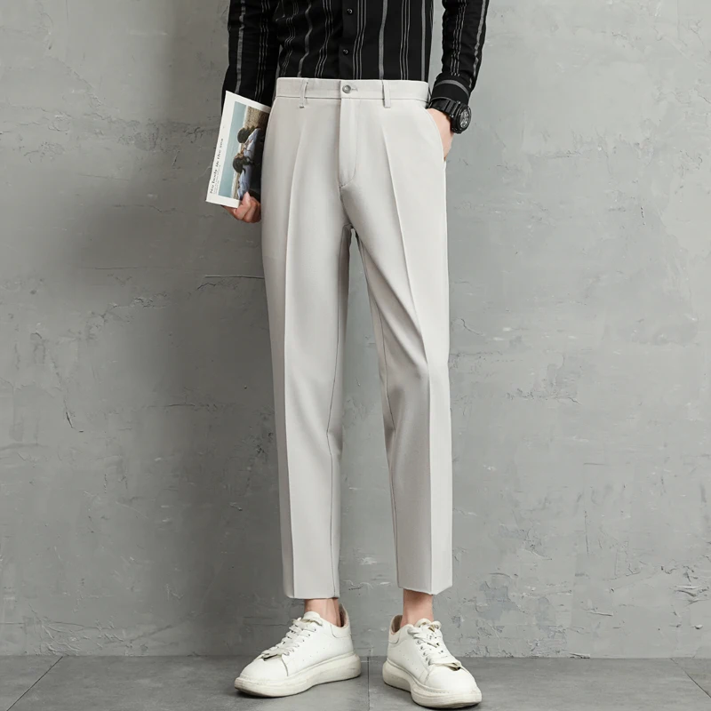 Men's summer ice thin business suit pants paired with Japanese and Korean straight leg loose black casual cropped suit pants 4