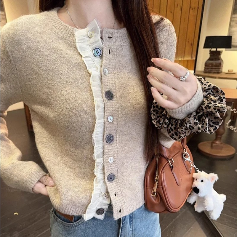 Women Knitted Lace Ruffles Long Sleeve Elegant Cardigan Sweater
