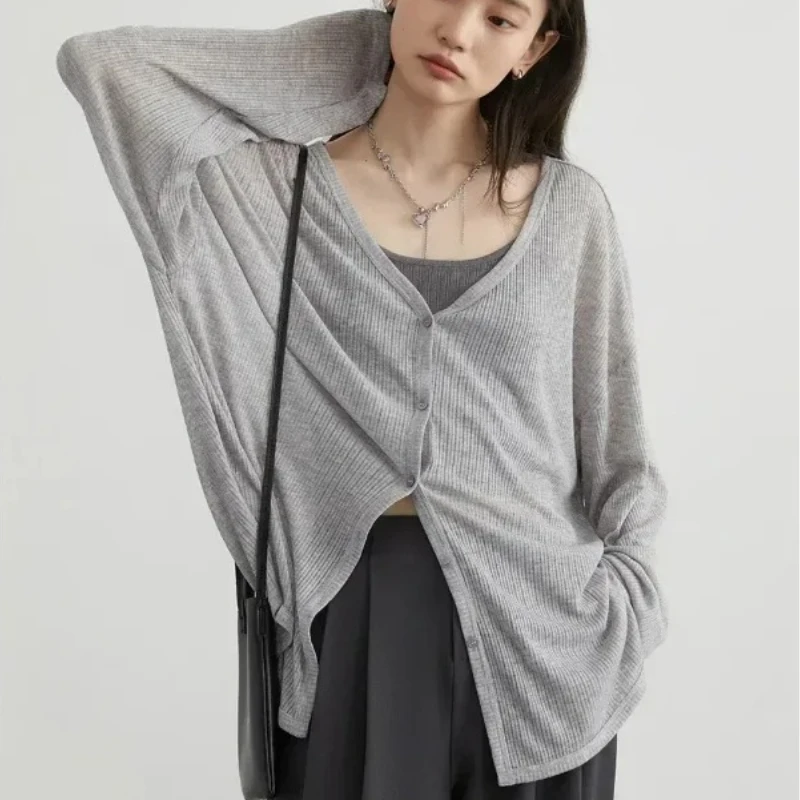Women's Cardigan New V-neck Long Sleeved Female Shirt Female Jumpers Sun Protection Woman Top Spring Summer Knitted Cardigan 2