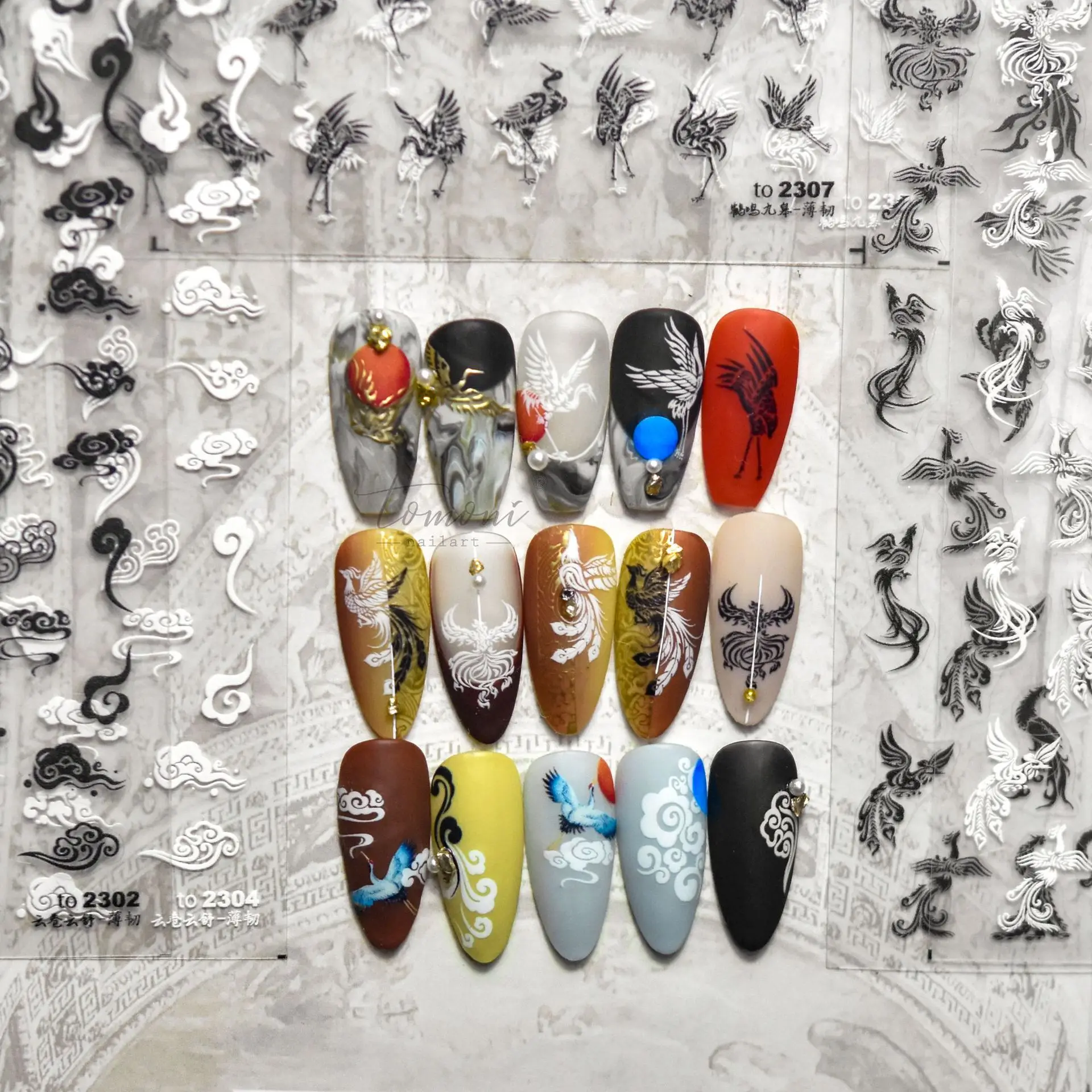 

Самоклеящиеся 3D-Наклейки для дизайна ногтей в китайском стиле, черные, белые, красные, короногие краны, Феникс, благоприятное облако, наклейки для маникюра