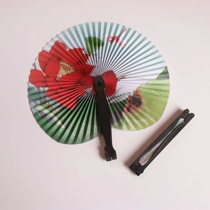 Foldable Paper Fan Retro Windmill Small Round Paper Color Decor Fan Style Party Hand Gift 1pc Random Printed folding fan hand fan