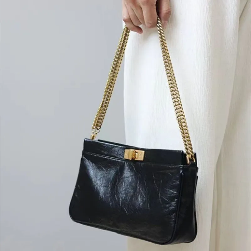 Retro Chain Minimalist Design Shoulder Bag Women Buckle Texture Leather Square Handbag Ladies Black Casual Commute Crossbody Bag