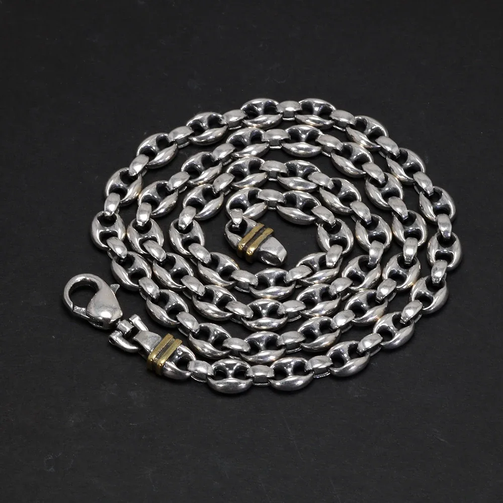 Solid 925 Sterling Silver 7mm Necklace Coffee Bean Chain for Men Retro Antique Punk Style Fine Jewelry 3
