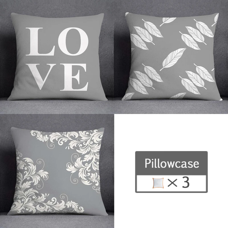 3pcs/lot 45X45CM Gray Lumbar Pillow Case Polyester Geometry Leaf Floral Stripes Plaids Print Sofa Throw Cushion Cover Home Decor 