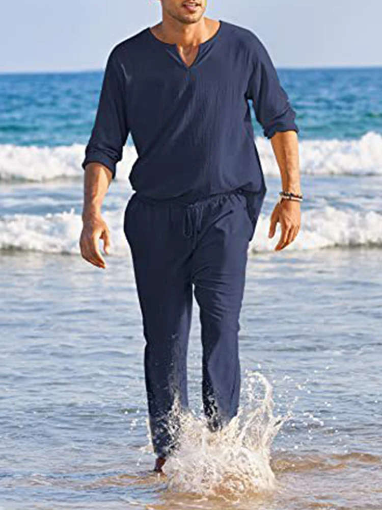 Lot De 2 Tenues En Lin Pour Homme Avec Boutonnière - Pantalon Décontracté - 2 Pièces - Décontracté - En Lin - Pour L'été - Col Cubain - Costume De Marche Pour La Plage, Beige, XXL