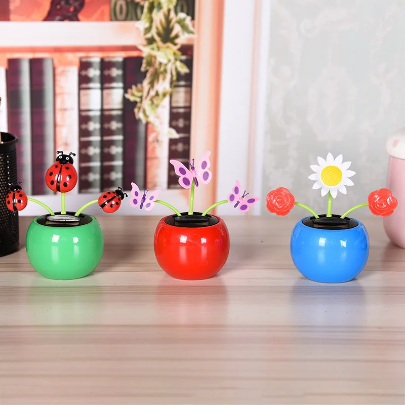 Children Solar Toys Cute Flower Butterfly Bee Swinging Doll Solar Car Ornament Creative Cartoon Flower Car Decoration