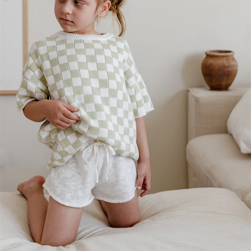 Checked in T shirts and Short Pants Resort Knitwear Kid Summer Kniting Sets Unisex Children Casual Beach Outifits