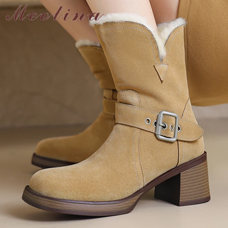 

Женские ботильоны из натуральной кожи Meotina, зимние полусапожки с круглым носком, на толстом высоком каблуке, с пряжкой и шерстью, 42