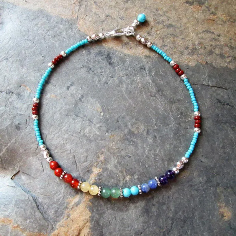 Anklet Chakra Gemstone Lotus Charm 7 Chakra Yoga Ankle Bracelet