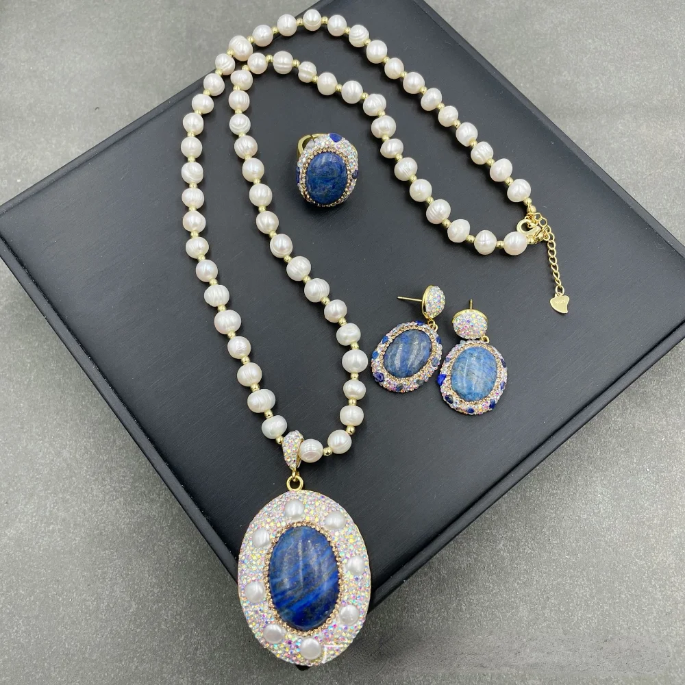 

New Lazurite pendant pearl chain women earring ring three piece set popular simple elegant rhinestone lady exquisite jewelry