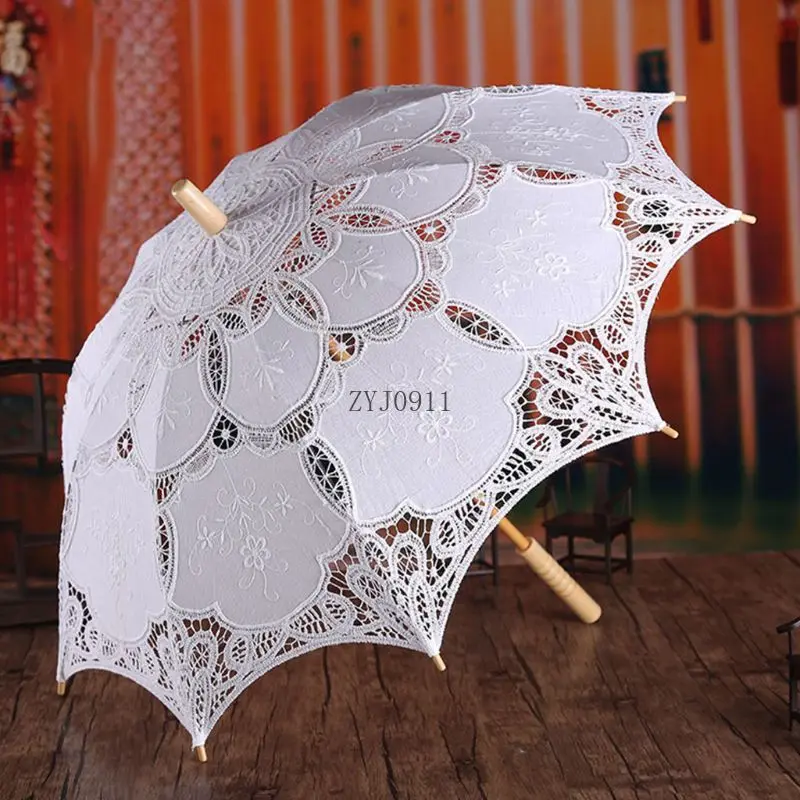 *Womens Manual Opening Wedding Bridal Parasol Umbrella Hollow Out Embroidery Lace