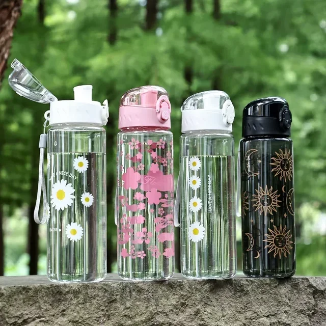 600ml Daisy Flower Plastic Water Bottle Sports Transparent Water Bottle Portable Gym Travel Clear Leakproof Drinking Bottle 6