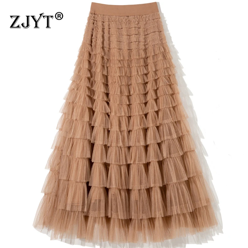 Elegant Long Mesh Skirts for Women, Elastic Waist, Cascading Ruffles, Cake Skirt, Party Gauze, Summer Fashion, New, 2021 kid shoes 2021 new autumn girls brand for baby stud fashion children princess sandals party dance ballet soft sole solid flats