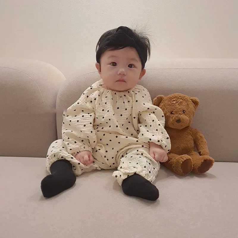 2023 봄 가을 롬퍼, 코튼 도트 베어 프린트, 단색 원지 점프수트, 전체 소매, 느슨한 소년 복장