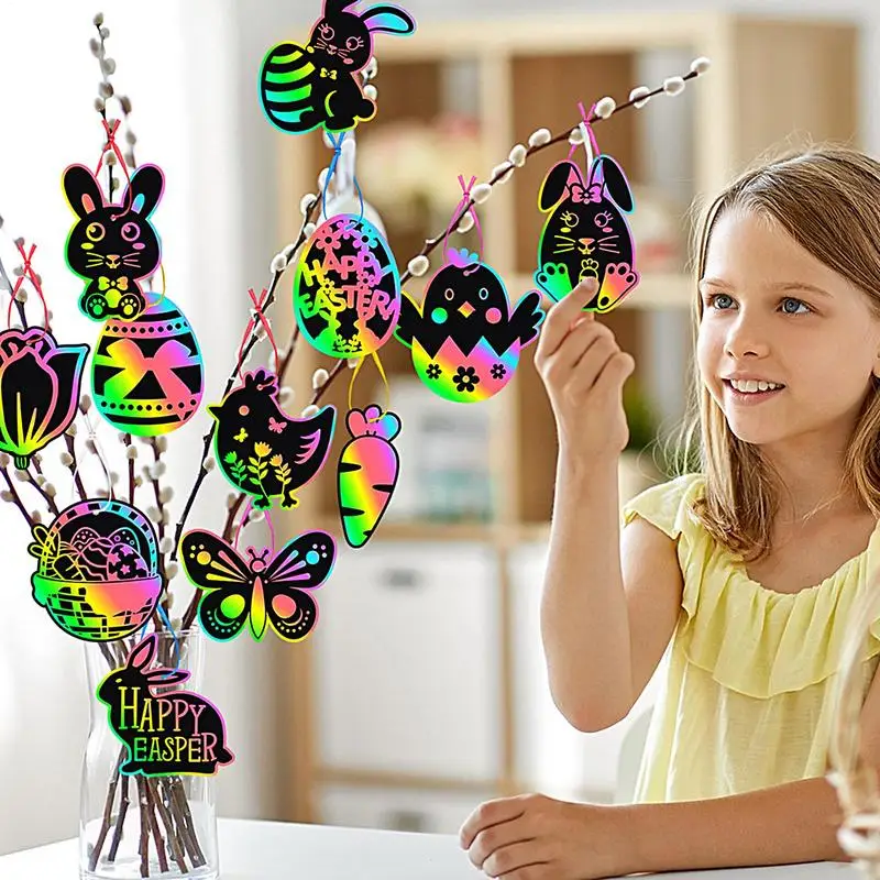 Easter Scratch Paper 24X Scratch off Cards Art Crafts Ornaments Cute Bunny Scratch Egg Basket Stuffers with Stick and Ribbon