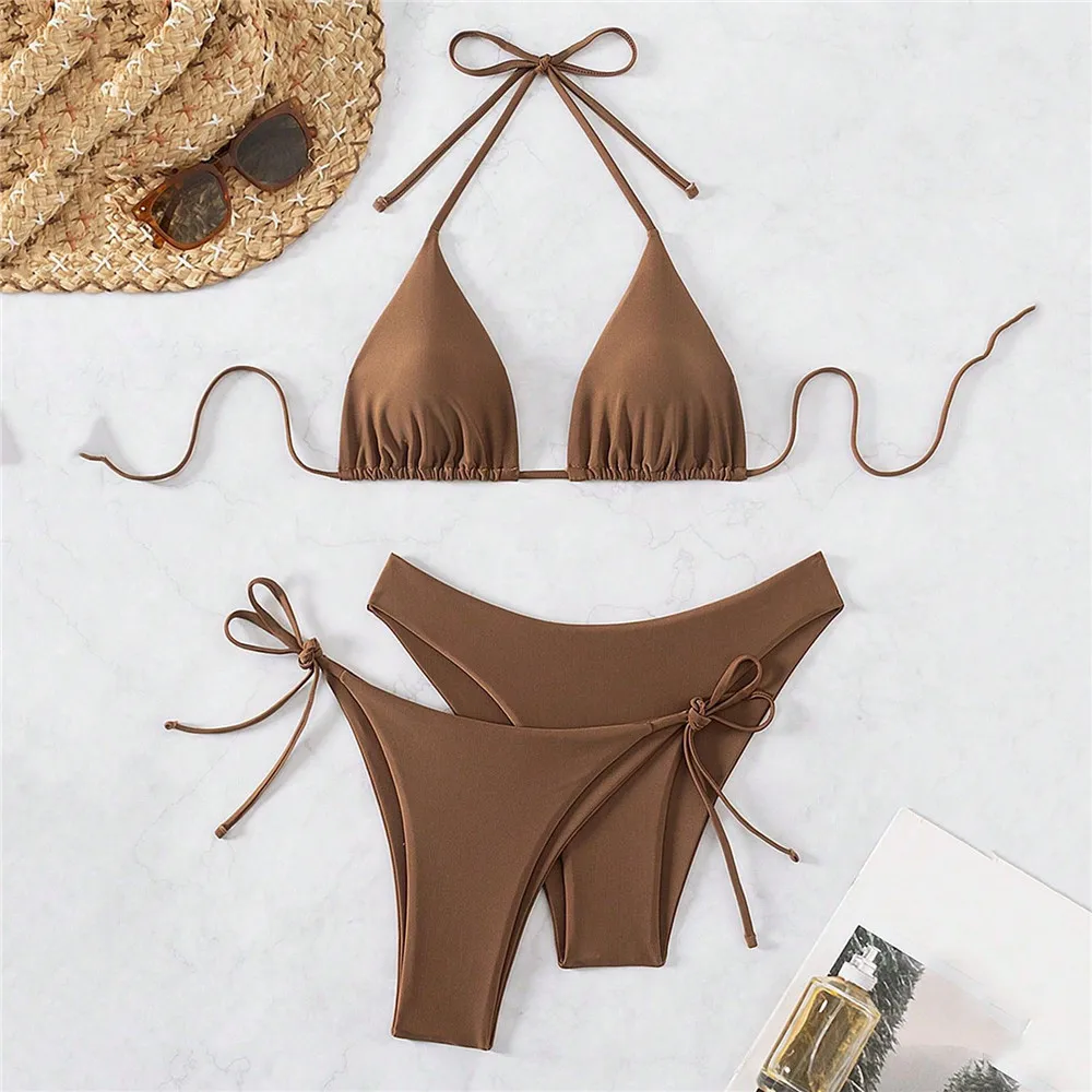 Sexy Brown String Halter Triangle Bikini Woman Swimwear 2025 Two Thongs Swimsuits Swimming Wear Bikinis Sets Mujer Bathing Suit