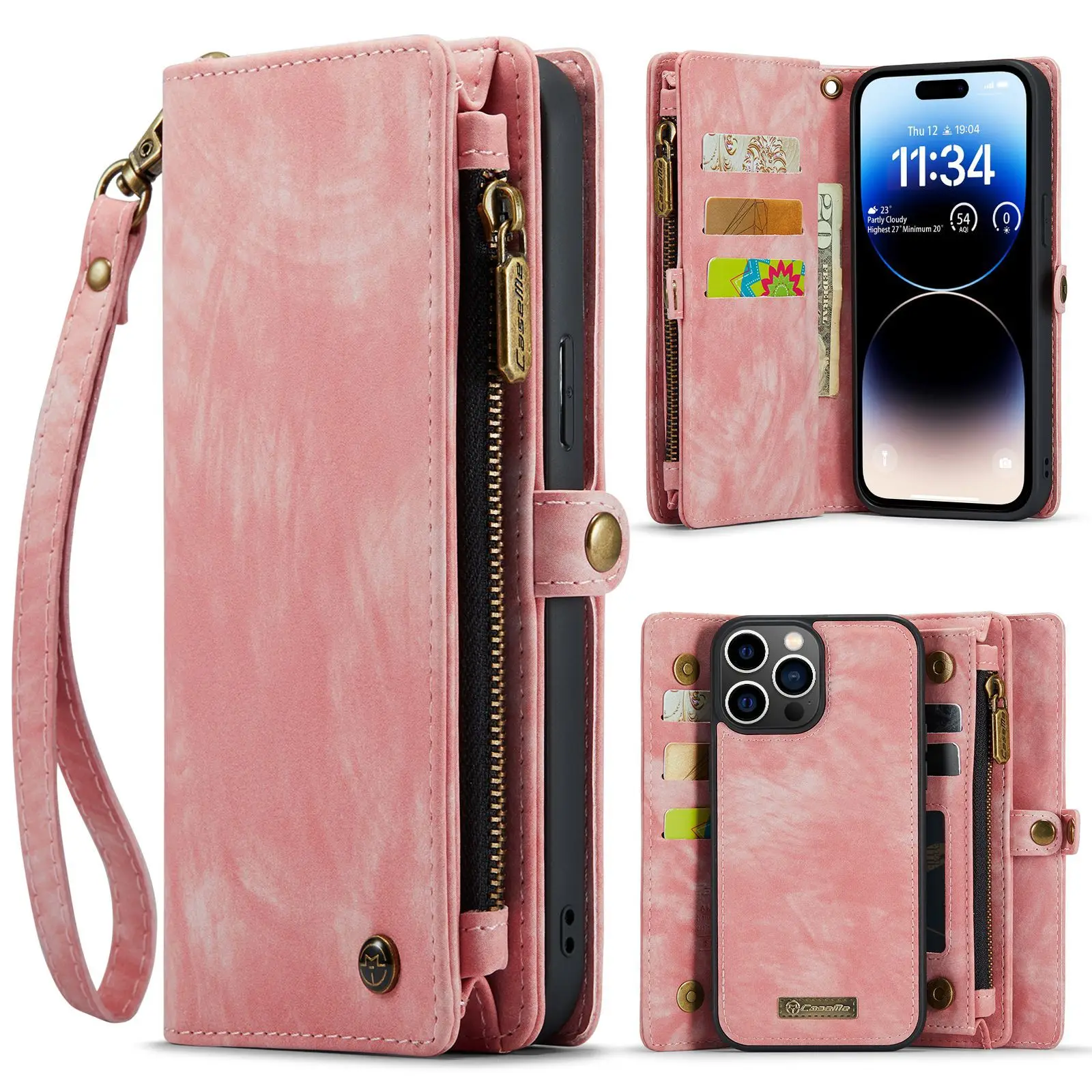 SZHAIYU 2 in 1 Detachable Compatible with iPhone 15 Pro Max Wallet Case  with Card Holder, Retro Premium Flip Leather Cover Magnetic Zipper Pocket