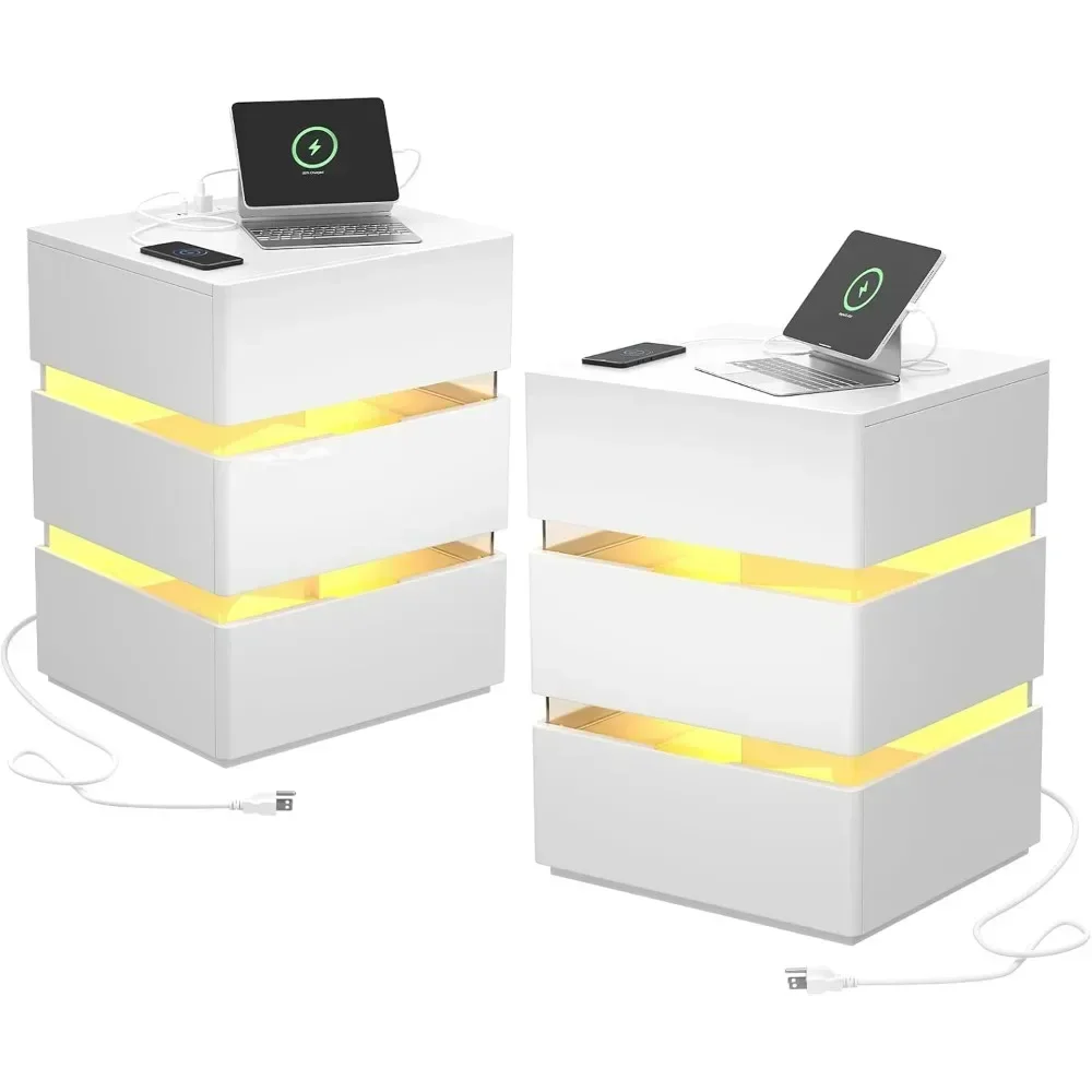 LED Nightstand Set of 2, Led Nightstand with Charging Station 3 Drawer Nightstand Smart Nightstand, Acrylic Nightstands Bedroom 6