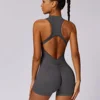 Solid Soft Backless Back Waist Scrunch Yoga Jumpsuit Short Set Women Zipper Sportswear Fitness One Piece Sports Suit Workout 4