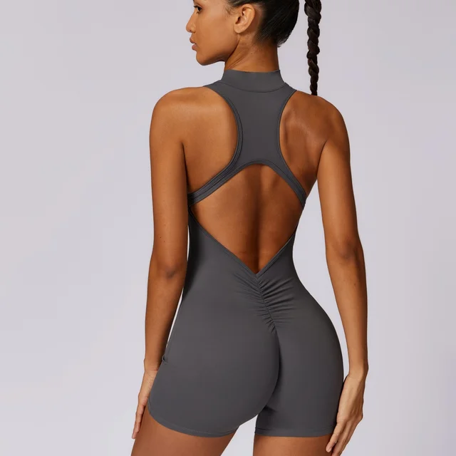 Solid Soft Backless Back Waist Scrunch Yoga Jumpsuit Short Set Women Zipper Sportswear Fitness One Piece Sports Suit Workout 4