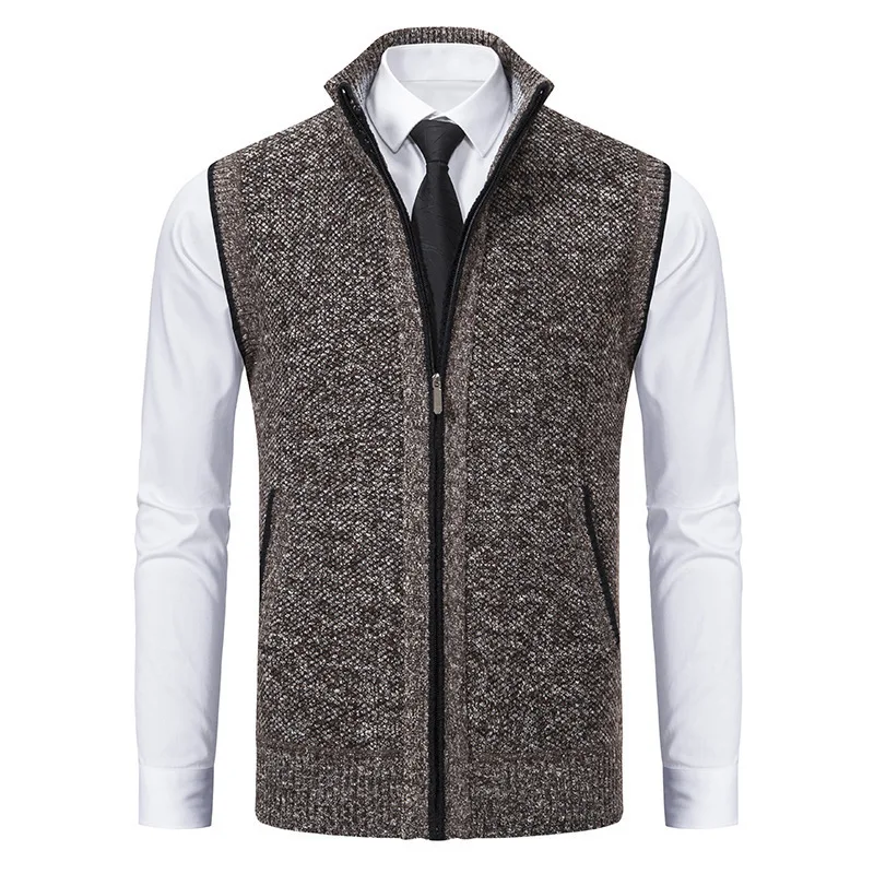 #4869 Autumn Winter Knitwear Sweater Vest Men Zipper Stand Collar Solid Color Outerwear Knitted Vest Man Cardigan Waistcoat Warm 5
