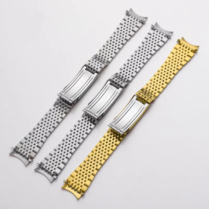 Curved End Solid Stainless Steel Watch Band - Vintage Retro Link Beads Bracelet Strap