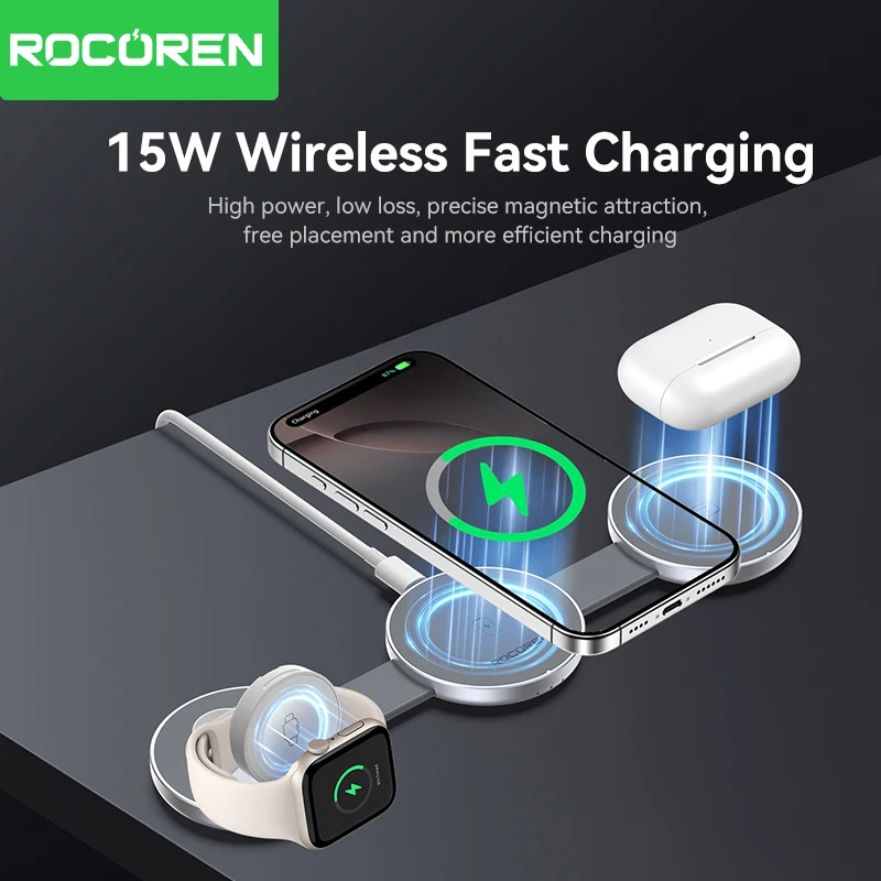 Rocoren Foldable 3 in 1 Magnetic Wireless Charger Portable Fast Charging Dock Station For iPhone 16 15 14 Pro Max iWatch AirPods Best Sellers In Phones Accessories